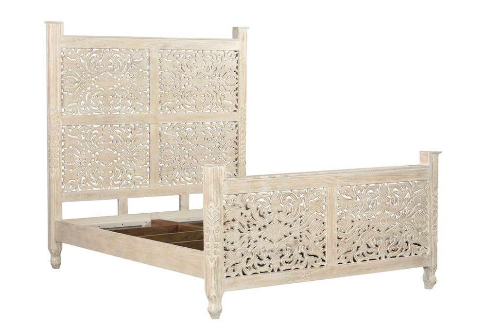 White Carved Floral Distressed Solid Wood Queen Bed Frame HomeRoots