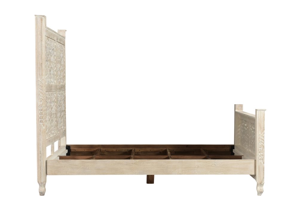 White Carved Floral Distressed Solid Wood Queen Bed Frame HomeRoots