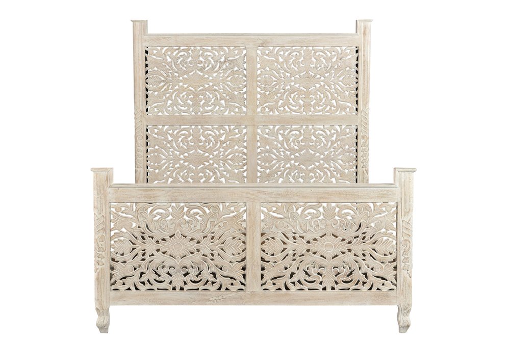 White Carved Floral Distressed Solid Wood Queen Bed Frame HomeRoots