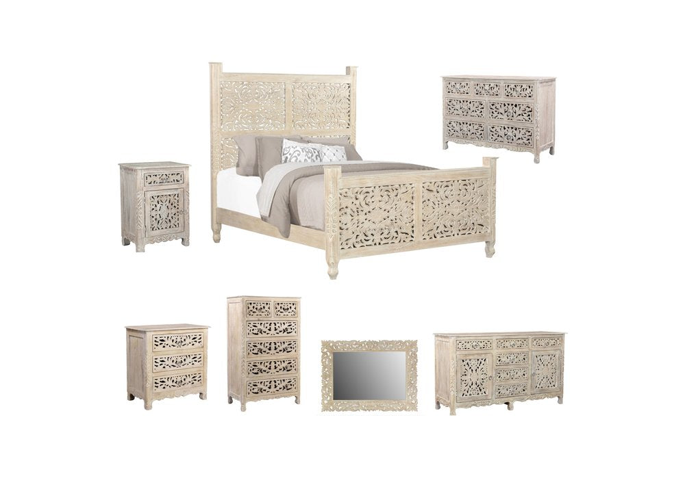 White Carved Floral Distressed Solid Wood Queen Bed Frame HomeRoots