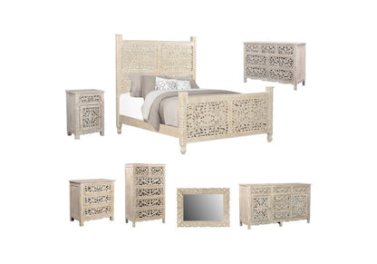 White Carved Floral Distressed Solid Wood Queen Bed Frame HomeRoots