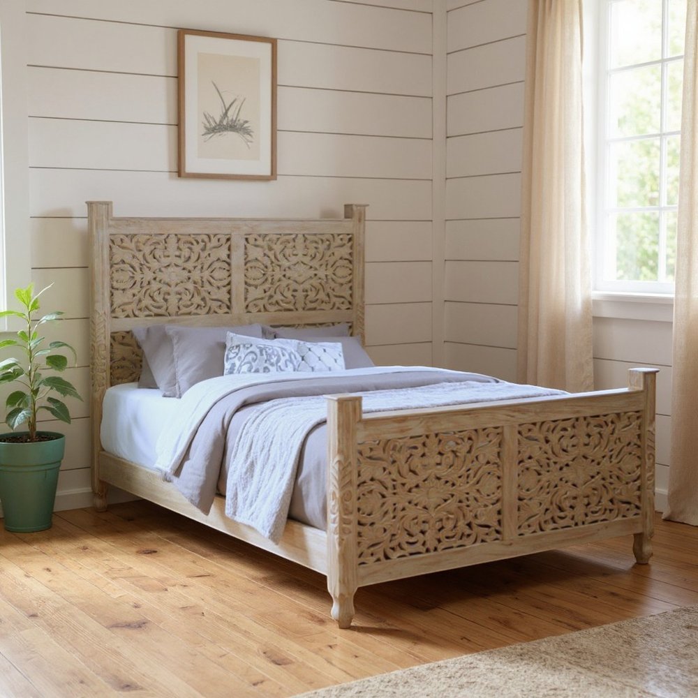 White Carved Floral Distressed Solid Wood Queen Bed Frame HomeRoots