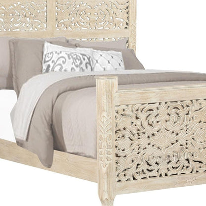 White Carved Floral Distressed Solid Wood Queen Bed Frame HomeRoots