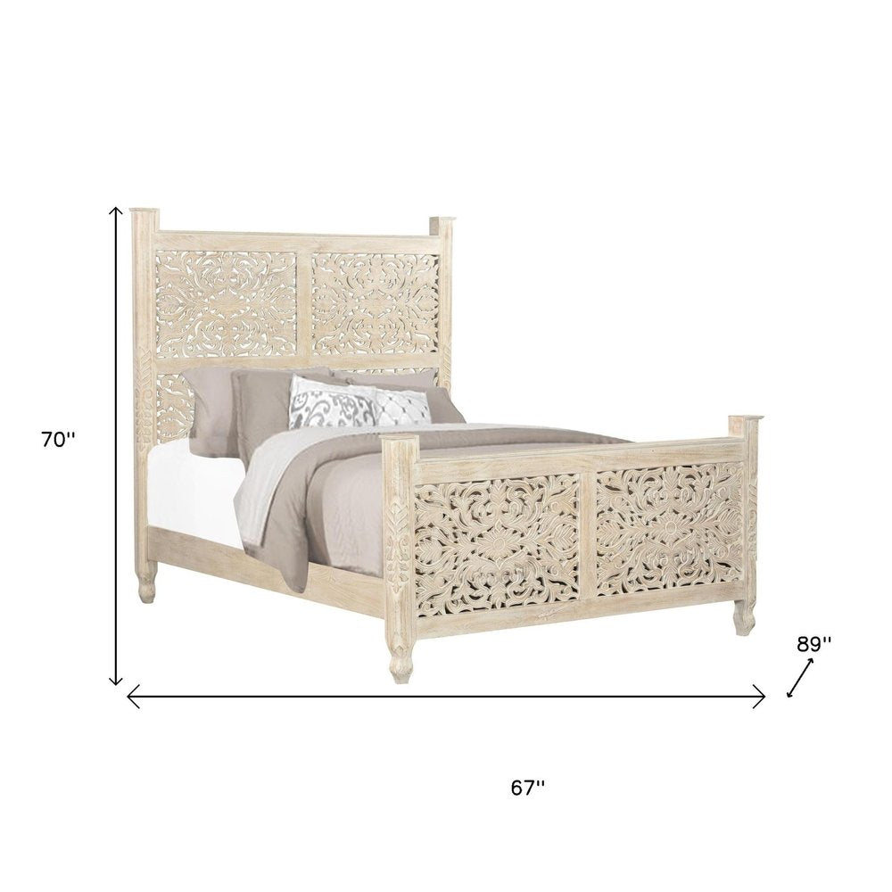 White Carved Floral Distressed Solid Wood Queen Bed Frame HomeRoots