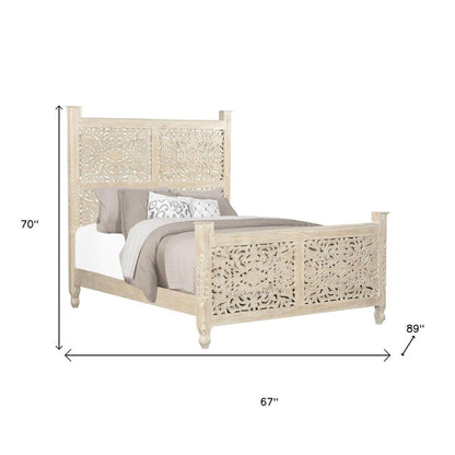 White Carved Floral Distressed Solid Wood Queen Bed Frame HomeRoots