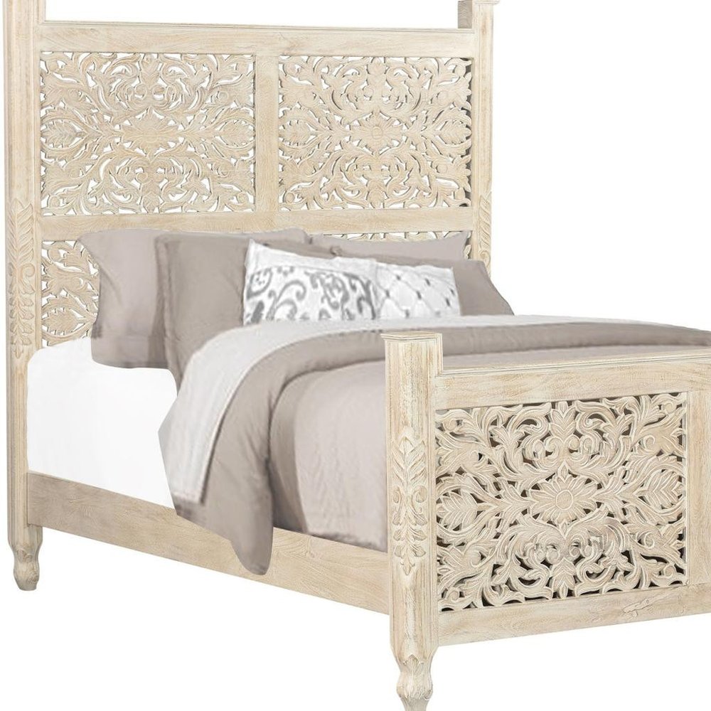 White Carved Floral Distressed Solid Wood Queen Bed Frame HomeRoots