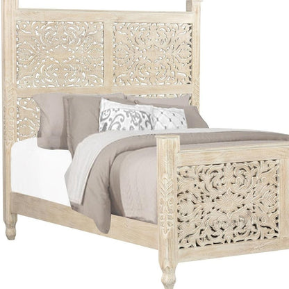 White Carved Floral Distressed Solid Wood Queen Bed Frame HomeRoots