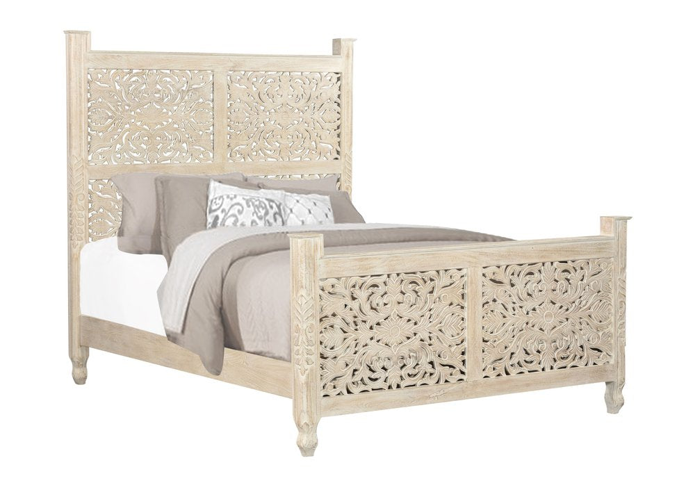 White Carved Floral Distressed Solid Wood Queen Bed Frame HomeRoots