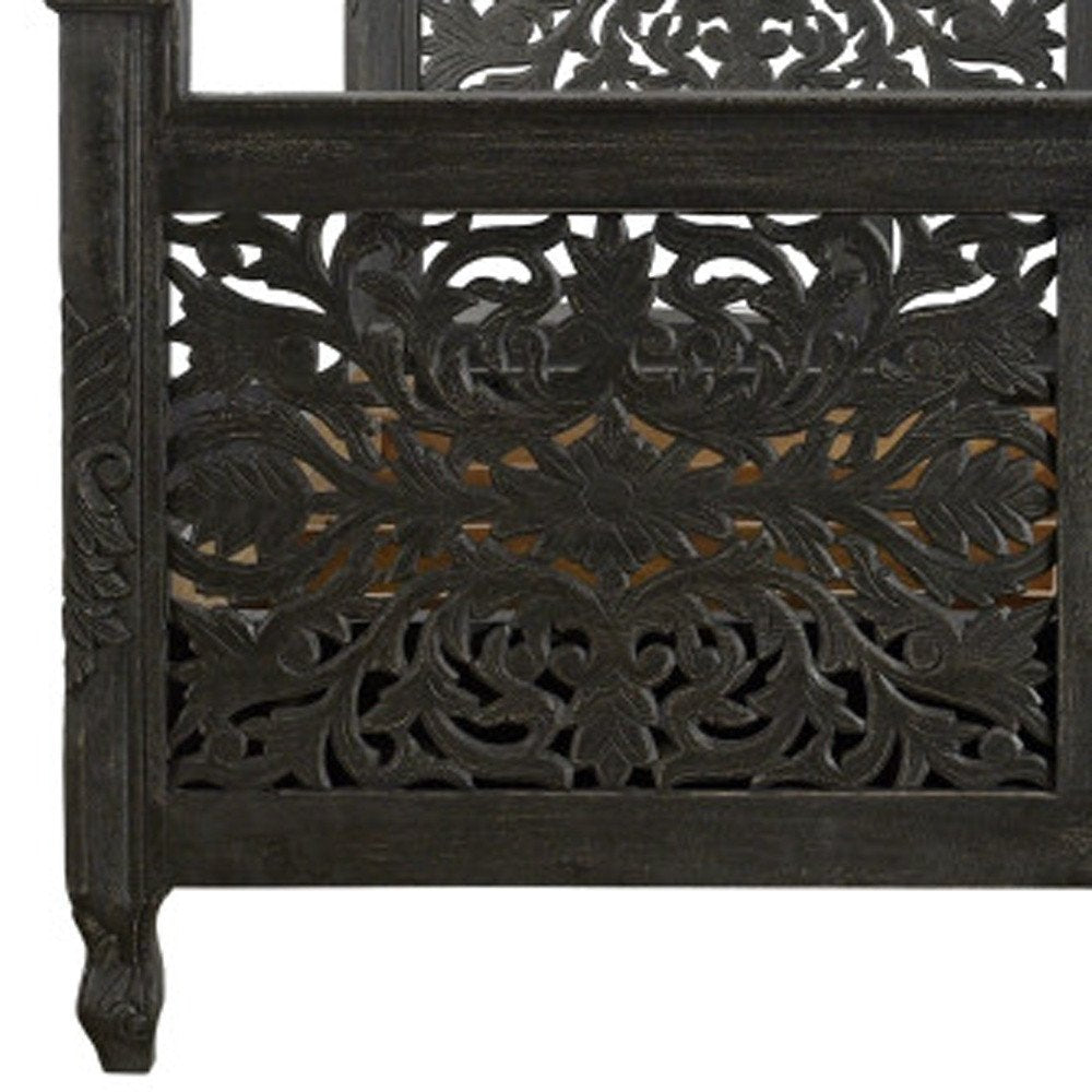 Black Carved Floral Distressed Solid Wood Queen Bed Frame HomeRoots