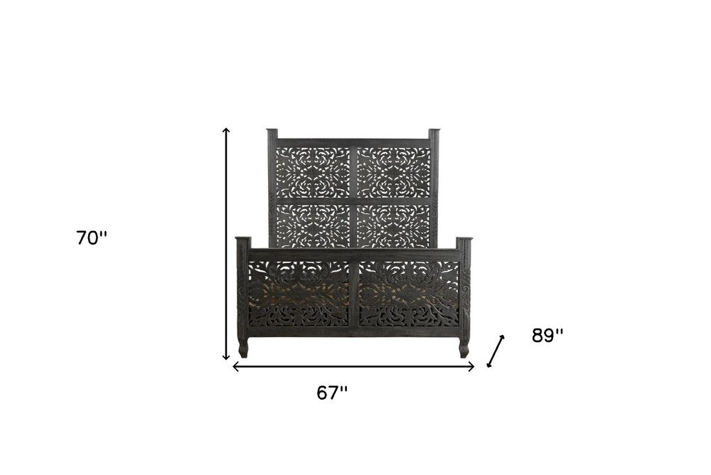 Black Carved Floral Distressed Solid Wood Queen Bed Frame HomeRoots