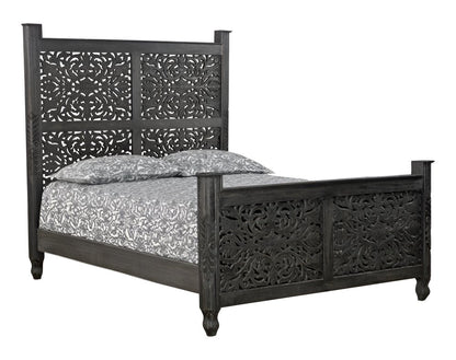 Black Carved Floral Distressed Solid Wood Queen Bed Frame HomeRoots