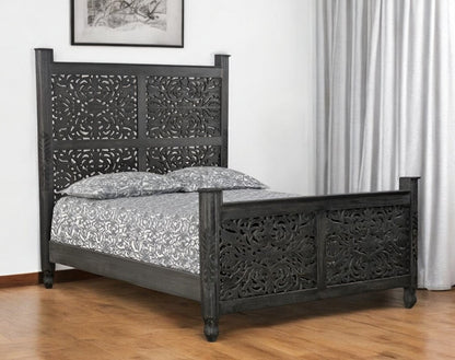 Black Carved Floral Distressed Solid Wood Queen Bed Frame HomeRoots