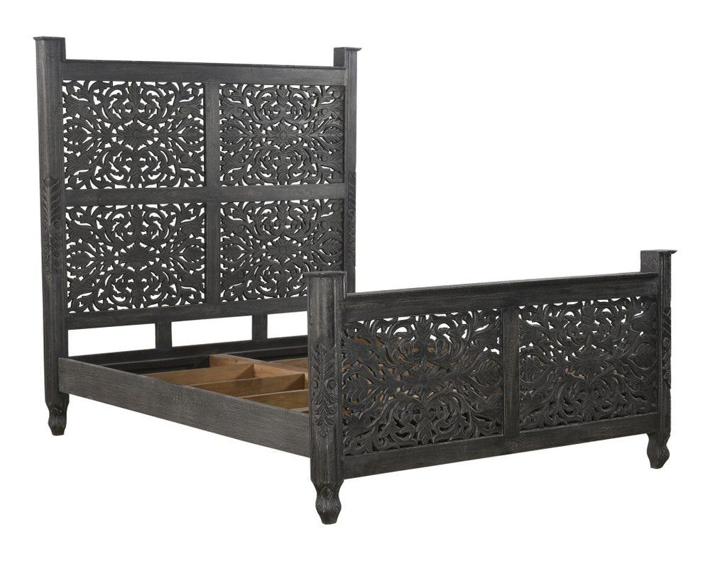 Black Carved Floral Distressed Solid Wood Queen Bed Frame HomeRoots