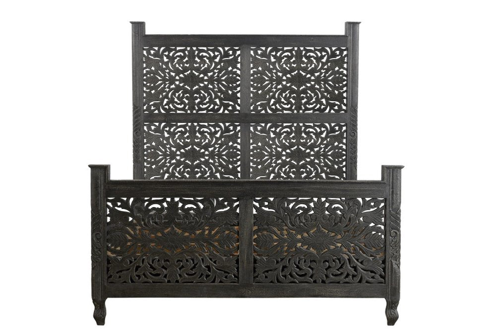 Black Carved Floral Distressed Solid Wood Queen Bed Frame HomeRoots