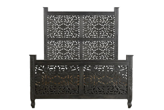 Black Carved Floral Distressed Solid Wood Queen Bed Frame HomeRoots