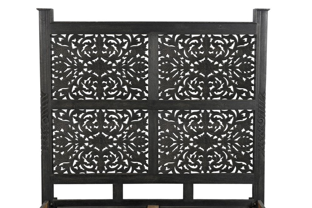 Black Carved Floral Distressed Solid Wood Queen Bed Frame HomeRoots