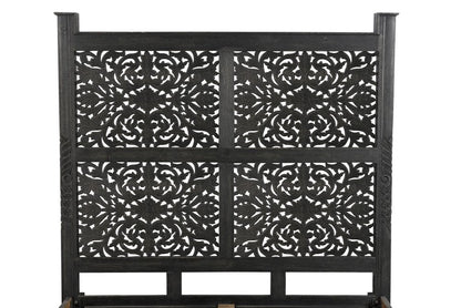 Black Carved Floral Distressed Solid Wood Queen Bed Frame HomeRoots