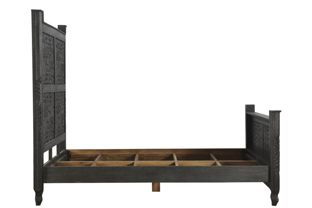 Black Carved Floral Distressed Solid Wood Queen Bed Frame HomeRoots