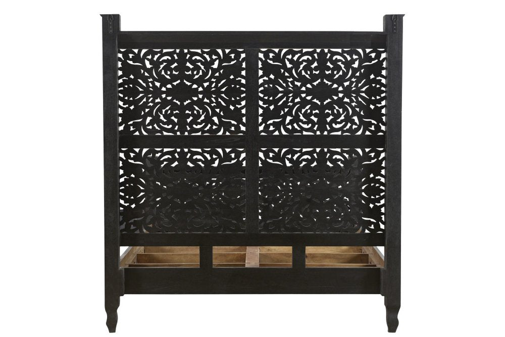 Black Carved Floral Distressed Solid Wood Queen Bed Frame HomeRoots