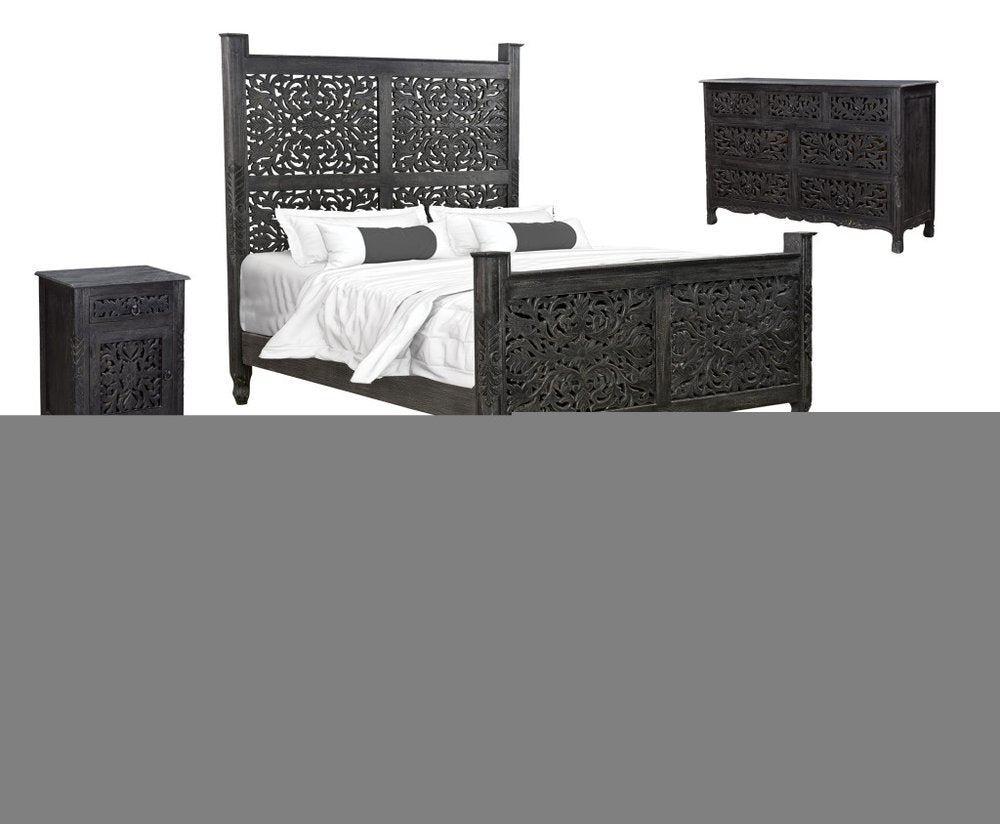 Black Carved Floral Distressed Solid Wood Queen Bed Frame HomeRoots