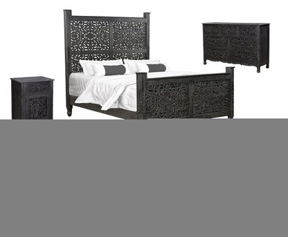 Black Carved Floral Distressed Solid Wood Queen Bed Frame HomeRoots