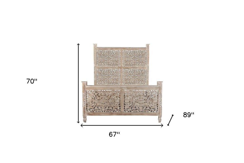 Gray Carved Floral Distressed Solid Wood Queen Bed Frame HomeRoots