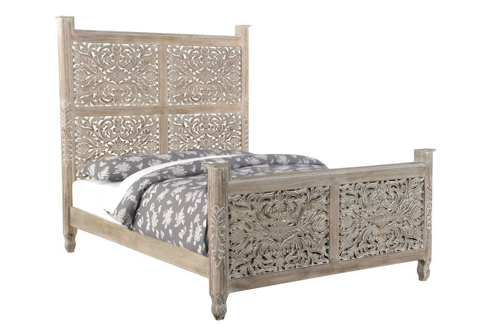 Gray Carved Floral Distressed Solid Wood Queen Bed Frame HomeRoots