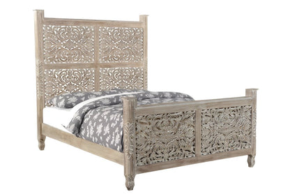 Gray Carved Floral Distressed Solid Wood Queen Bed Frame HomeRoots