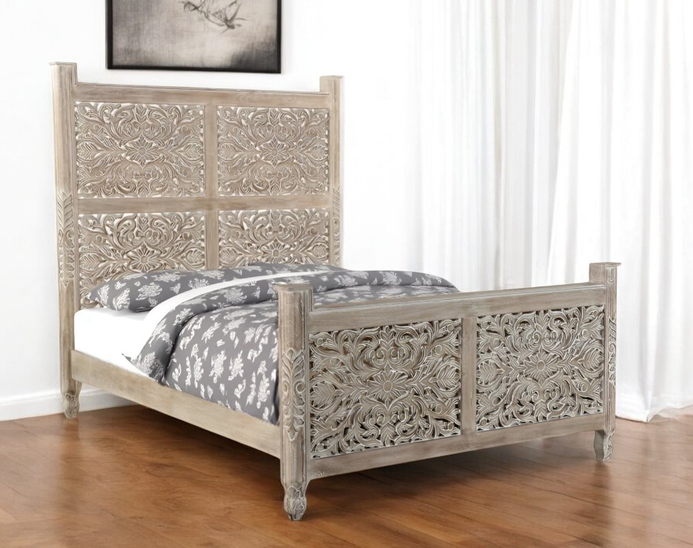 Gray Carved Floral Distressed Solid Wood Queen Bed Frame HomeRoots
