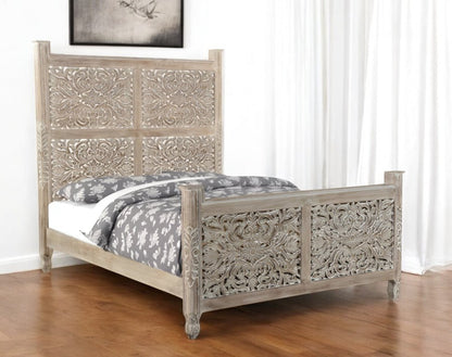 Gray Carved Floral Distressed Solid Wood Queen Bed Frame HomeRoots