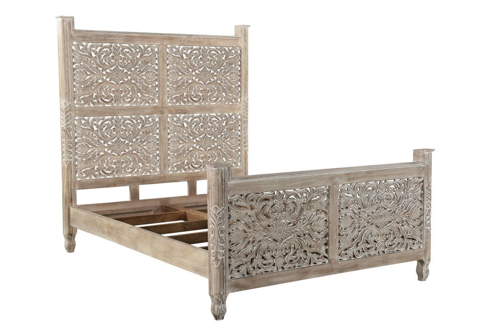 Gray Carved Floral Distressed Solid Wood Queen Bed Frame HomeRoots