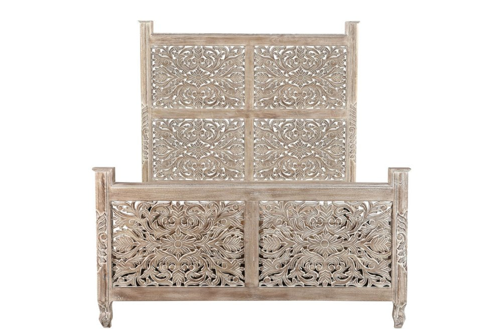 Gray Carved Floral Distressed Solid Wood Queen Bed Frame HomeRoots