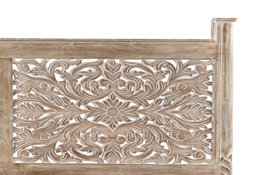 Gray Carved Floral Distressed Solid Wood Queen Bed Frame HomeRoots