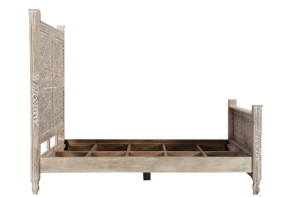 Gray Carved Floral Distressed Solid Wood Queen Bed Frame HomeRoots