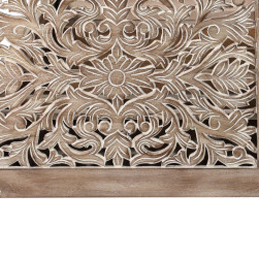 Gray Carved Floral Distressed Solid Wood Queen Bed Frame HomeRoots