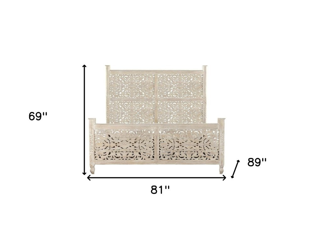 White Carved Floral Distressed Solid Wood King Bed Frame HomeRoots