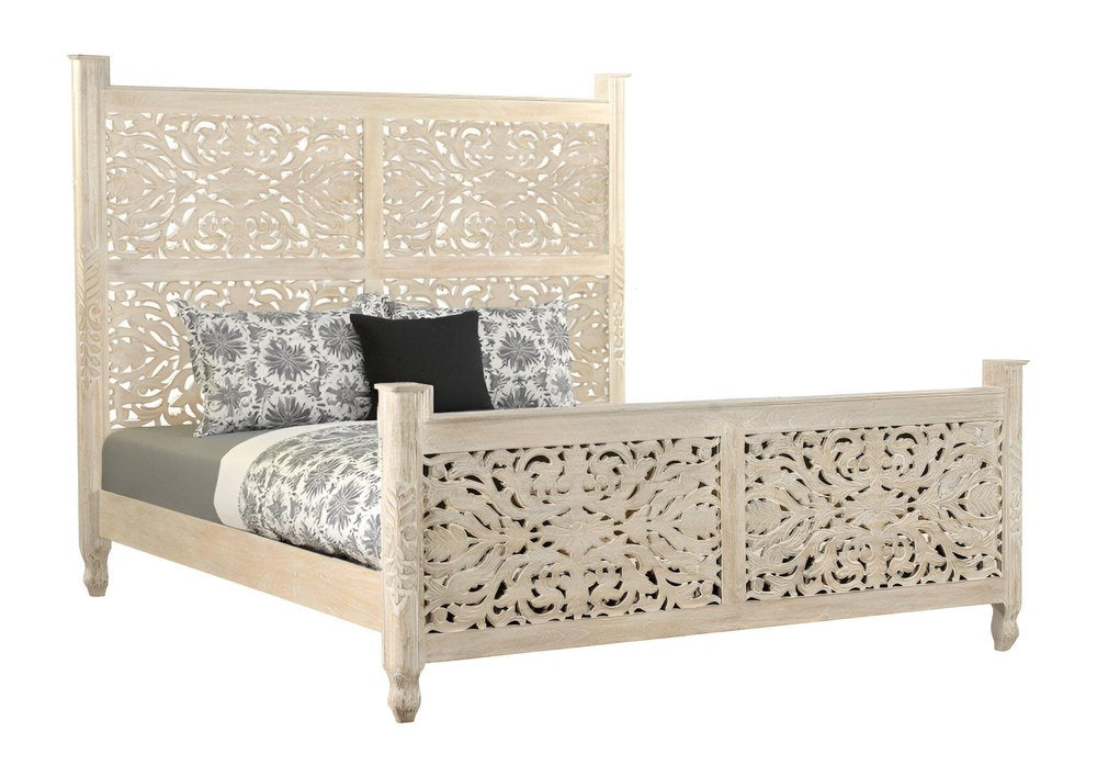 White Carved Floral Distressed Solid Wood King Bed Frame HomeRoots