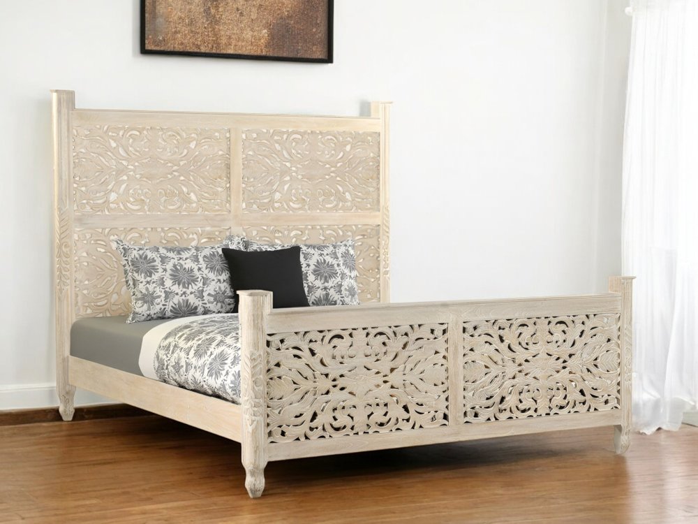 White Carved Floral Distressed Solid Wood King Bed Frame HomeRoots