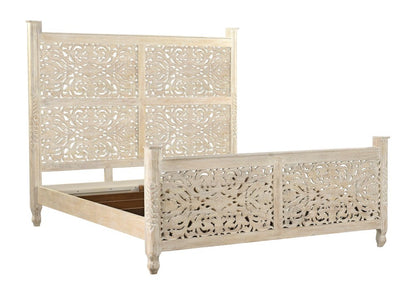 White Carved Floral Distressed Solid Wood King Bed Frame HomeRoots