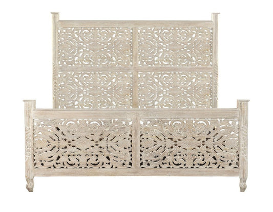 White Carved Floral Distressed Solid Wood King Bed Frame HomeRoots