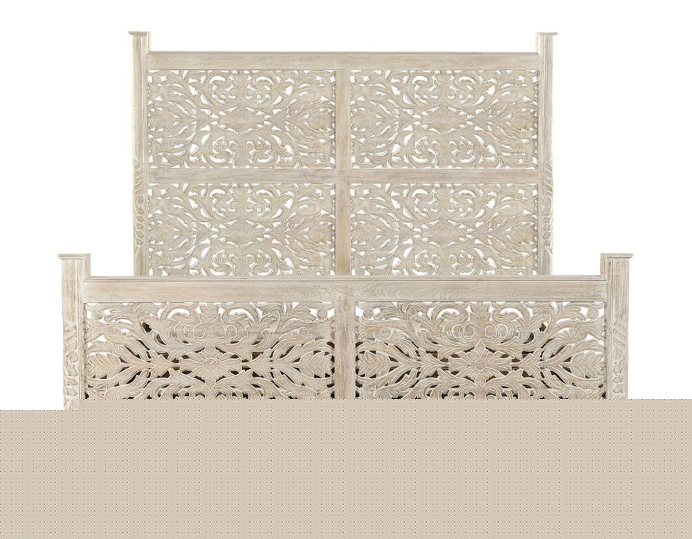 White Carved Floral Distressed Solid Wood King Bed Frame HomeRoots