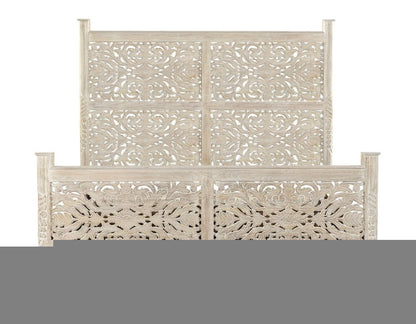 White Carved Floral Distressed Solid Wood King Bed Frame HomeRoots