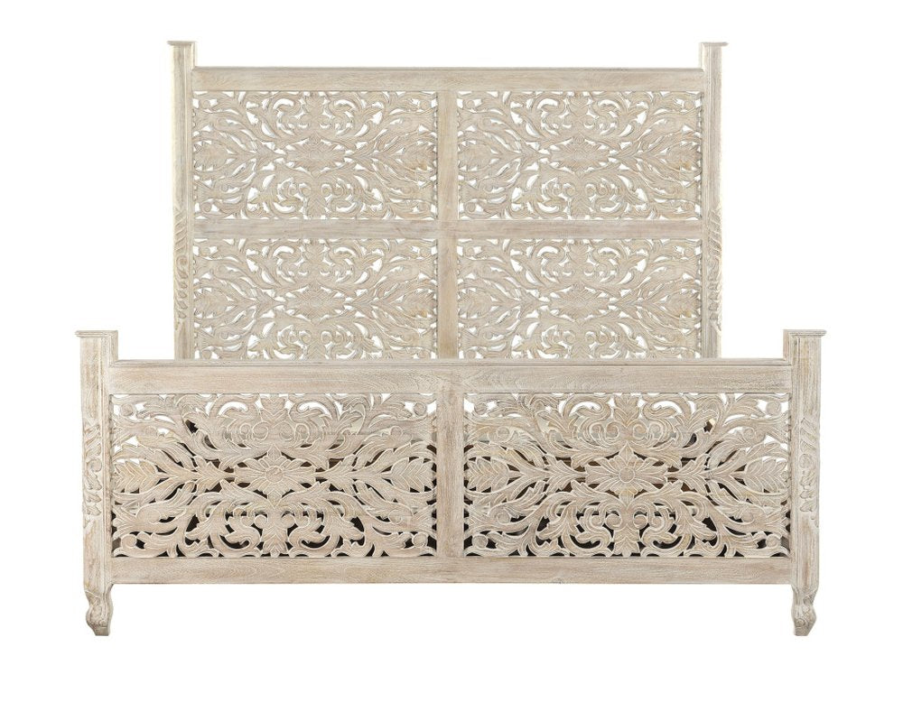 White Carved Floral Distressed Solid Wood King Bed Frame HomeRoots