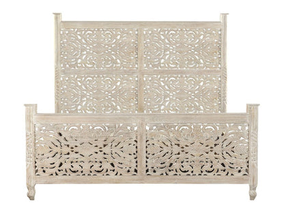 White Carved Floral Distressed Solid Wood King Bed Frame HomeRoots
