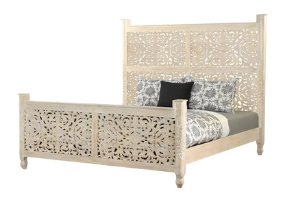 White Carved Floral Distressed Solid Wood King Bed Frame HomeRoots