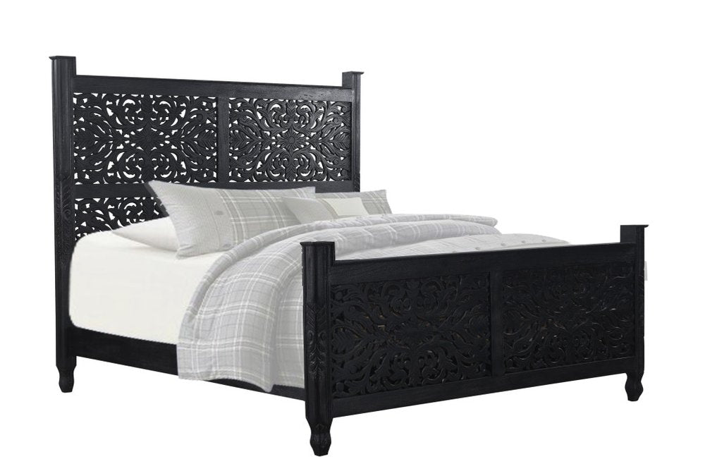 Carved Solid Wood King Black Bed HomeRoots