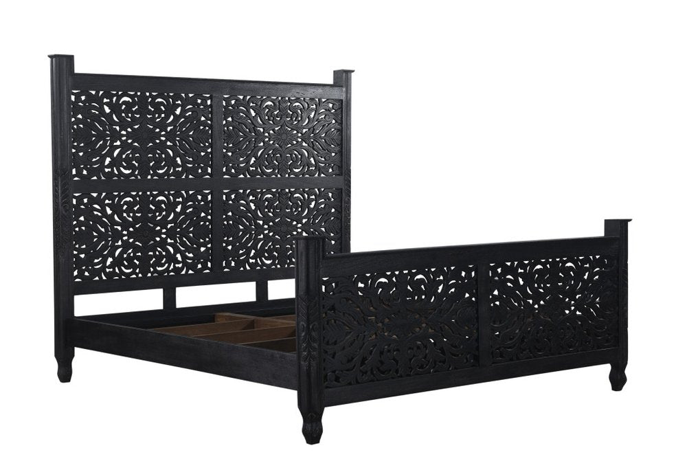 Carved Solid Wood King Black Bed HomeRoots