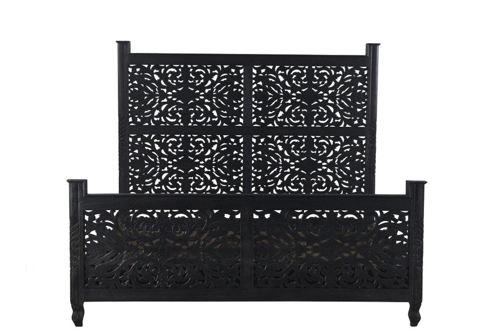 Carved Solid Wood King Black Bed HomeRoots