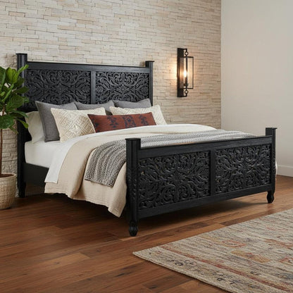 Carved Solid Wood King Black Bed HomeRoots