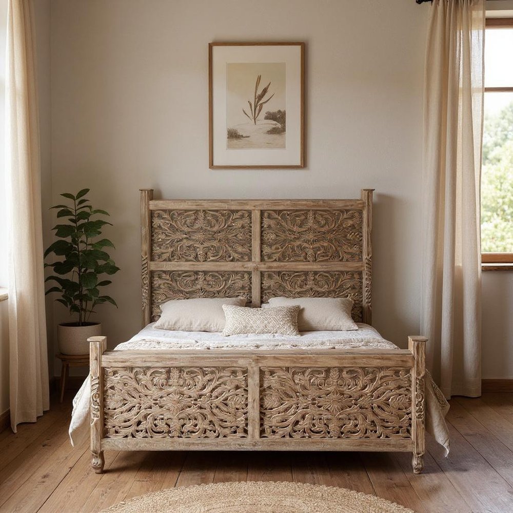 Gray Carved Floral Solid Wood King Bed Frame HomeRoots